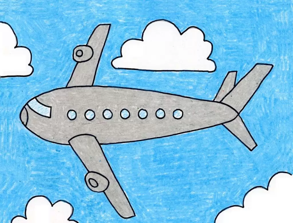 A drawing of an airplane, made with the help of an easy step by step tutorial.