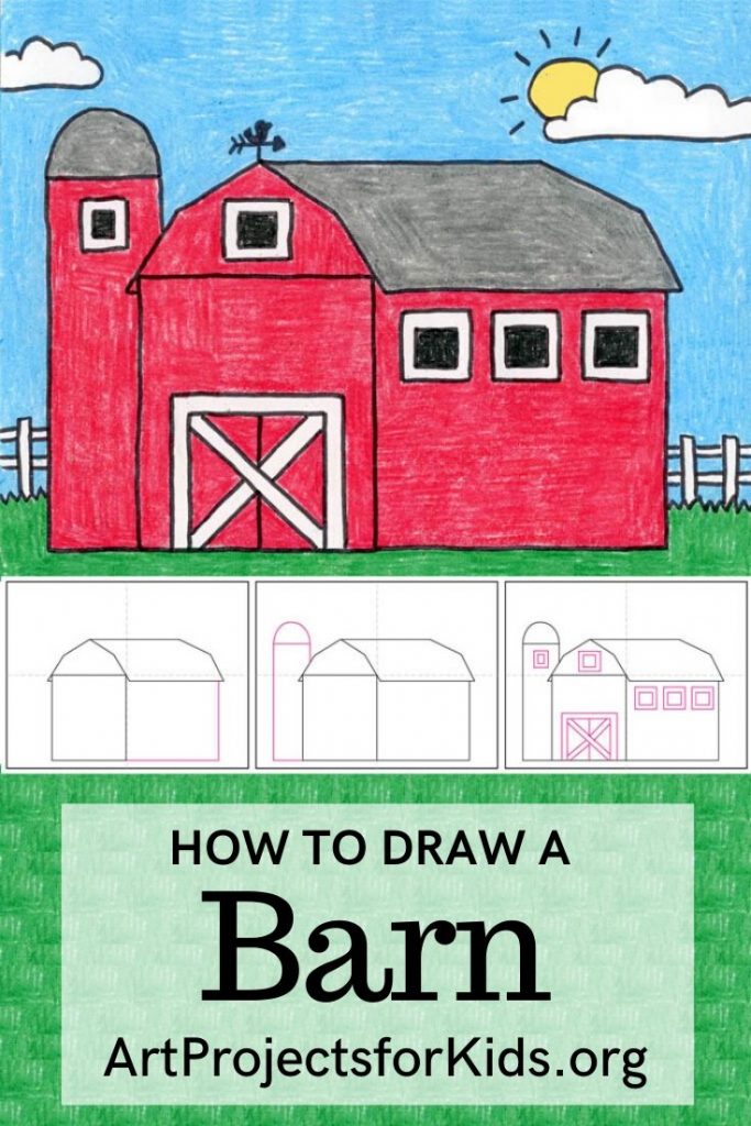 Easy How to Draw a Barn Tutorial and Barn Coloring Page