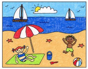 Easy How to Draw a Beach Tutorial Video & Beach Coloring Page