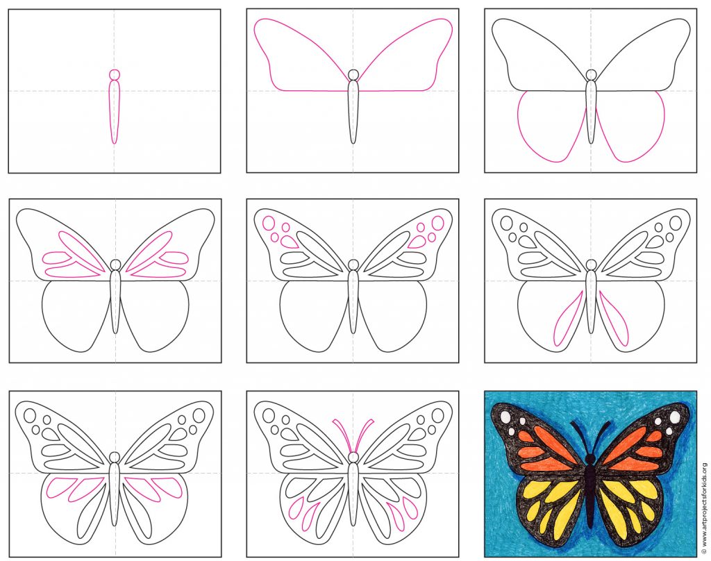 How To Draw A Butterfly Art Projects For Kids Add the final details to the lower wings and upper inner wing and you've completed the how to draw a butterfly lesson. how to draw a butterfly art projects