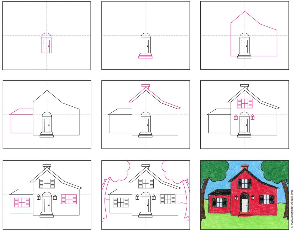 Этапы рисования дома для детей