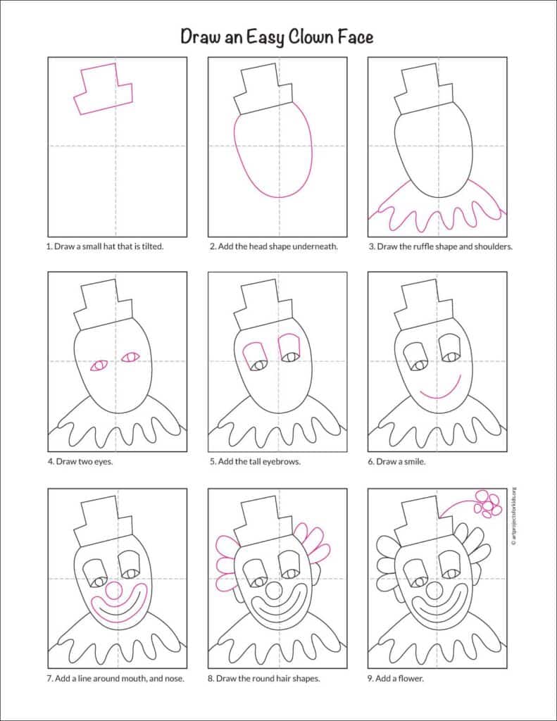 Preview of a step by step tutorial for how to draw a clown face.