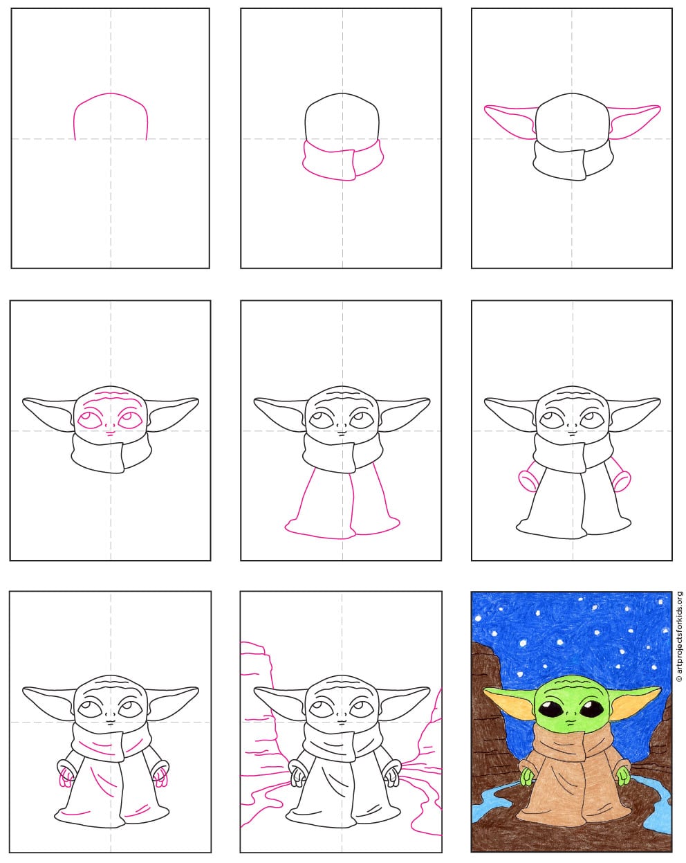Draw Baby Yoda in Space · Art Projects for Kids