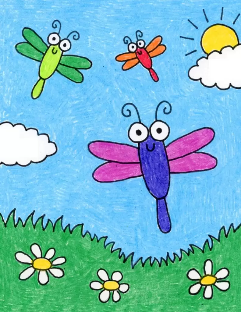 Рисунок мультяшных жуков, сделанный с помощью простого пошагового руководства. 