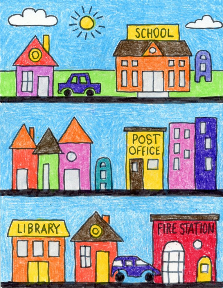 Easy How to Draw Your Neighborhood Tutorial and Neighborhood Coloring Page