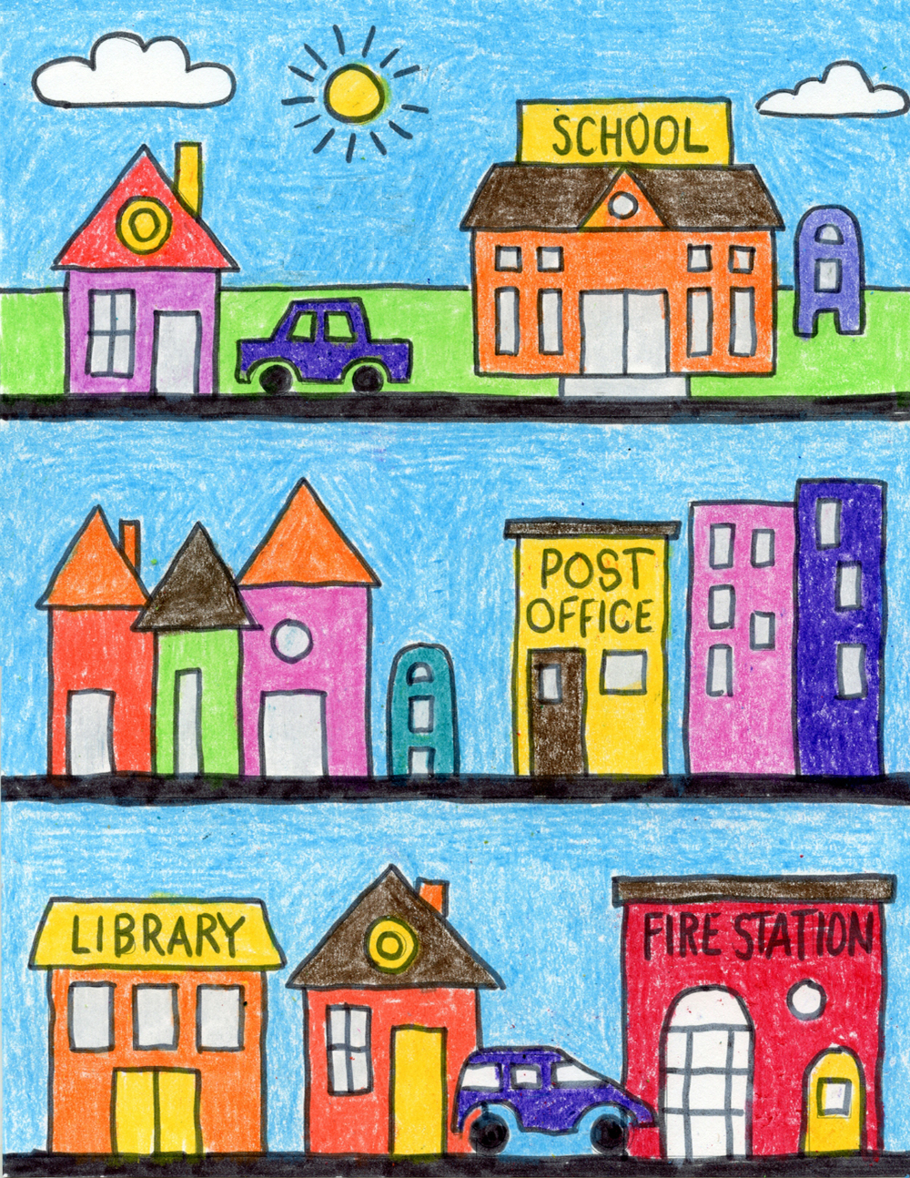 Easy How to Draw Your Neighborhood Tutorial and Coloring Page