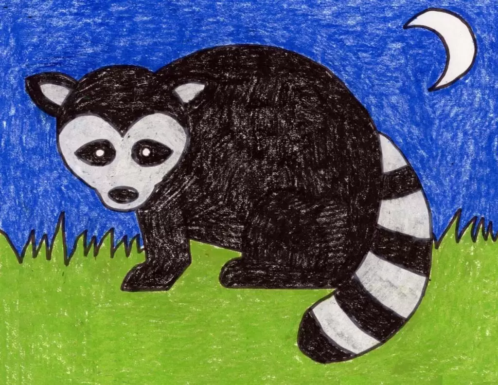 A drawing of Raccoon, made with the help of an easy step by step tutorial.