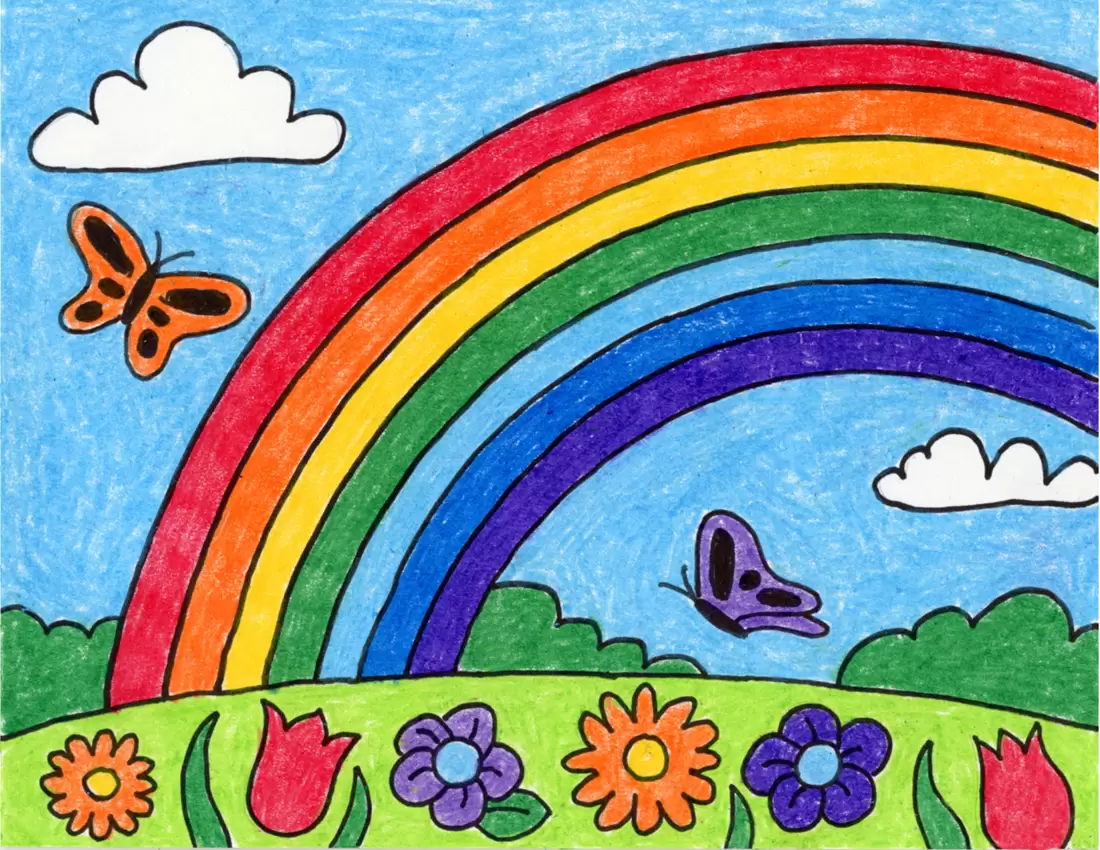 Easy How to Draw a Rainbow Tutorial Video and Rainbow Drawing Coloring Page