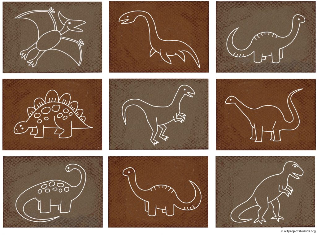A drawing of simple dinosaurs, made with the help of an easy step by step tutorial.