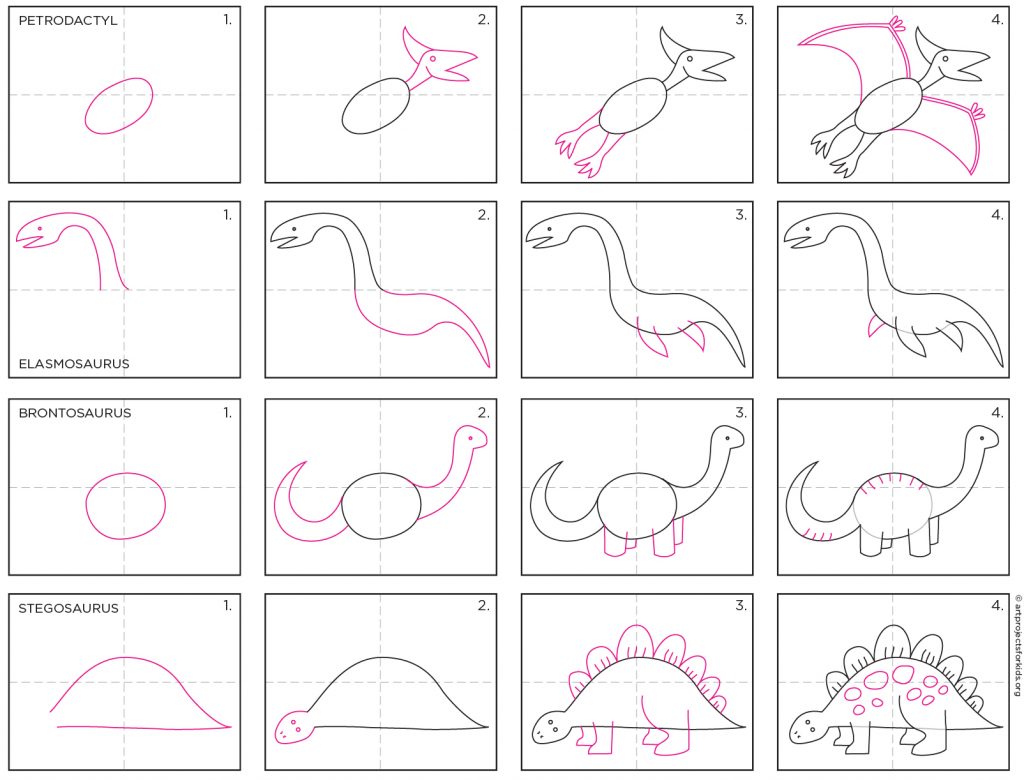 A step by step tutorial for how to draw simple dinosaurs, also available as a free download.