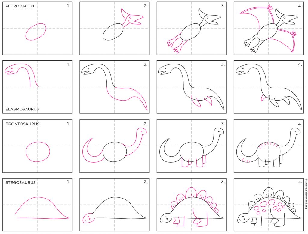 A step by step tutorial for how to draw simple dinosaurs, also available as a free PDF.