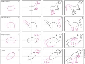 Easy How to Draw Simple Dinosaurs Tutorial & Dinosaur Coloring Page