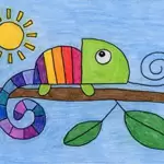 A drawing of a chameleon, made with the help of an easy step by step tutorial. A fun animal drawing for kids project.