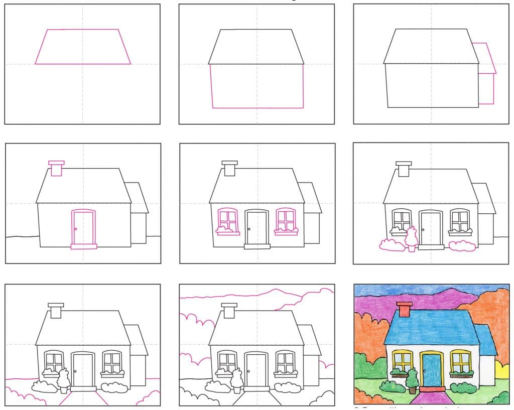 Easy How to Draw a Cottage Tutorial and Cottage Coloring Page