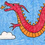 A drawing of a dragon, made with the help of an easy step by step tutorial. A fun animal drawing for kids project.