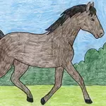 A drawing of a horse, made with the help of an easy step by step tutorial. A fun animal drawing for kids project.
