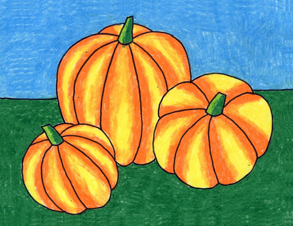 Learn how to draw pumpkins with an easy to use step by step tutorial. The overlapping shapes give them lots of dimension.