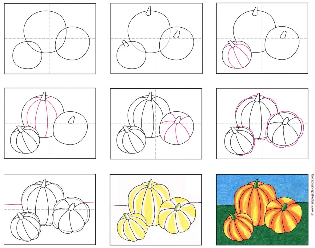Learn how to draw pumpkins with an easy to use step by step tutorial. The overlapping shapes give them lots of dimension.