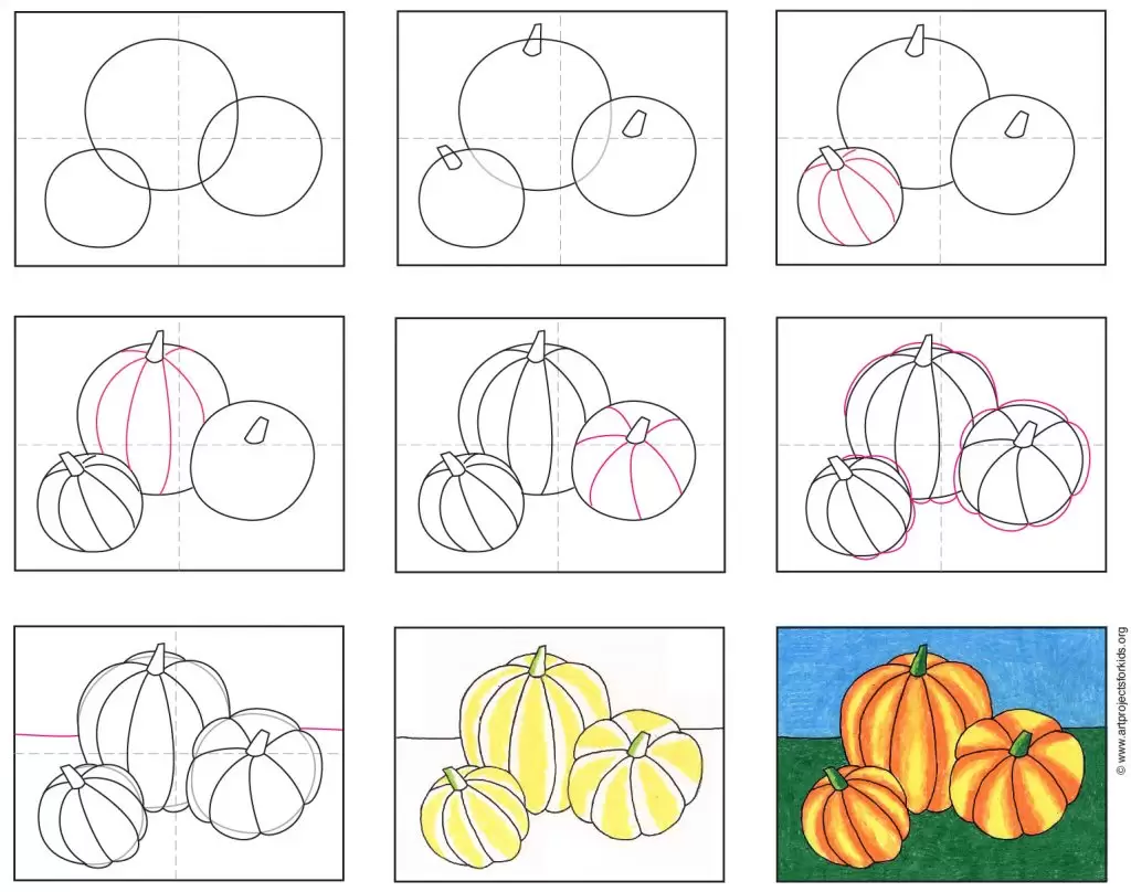 Learn how to draw pumpkins with an easy to use step by step tutorial. The overlapping shapes give them lots of dimension.