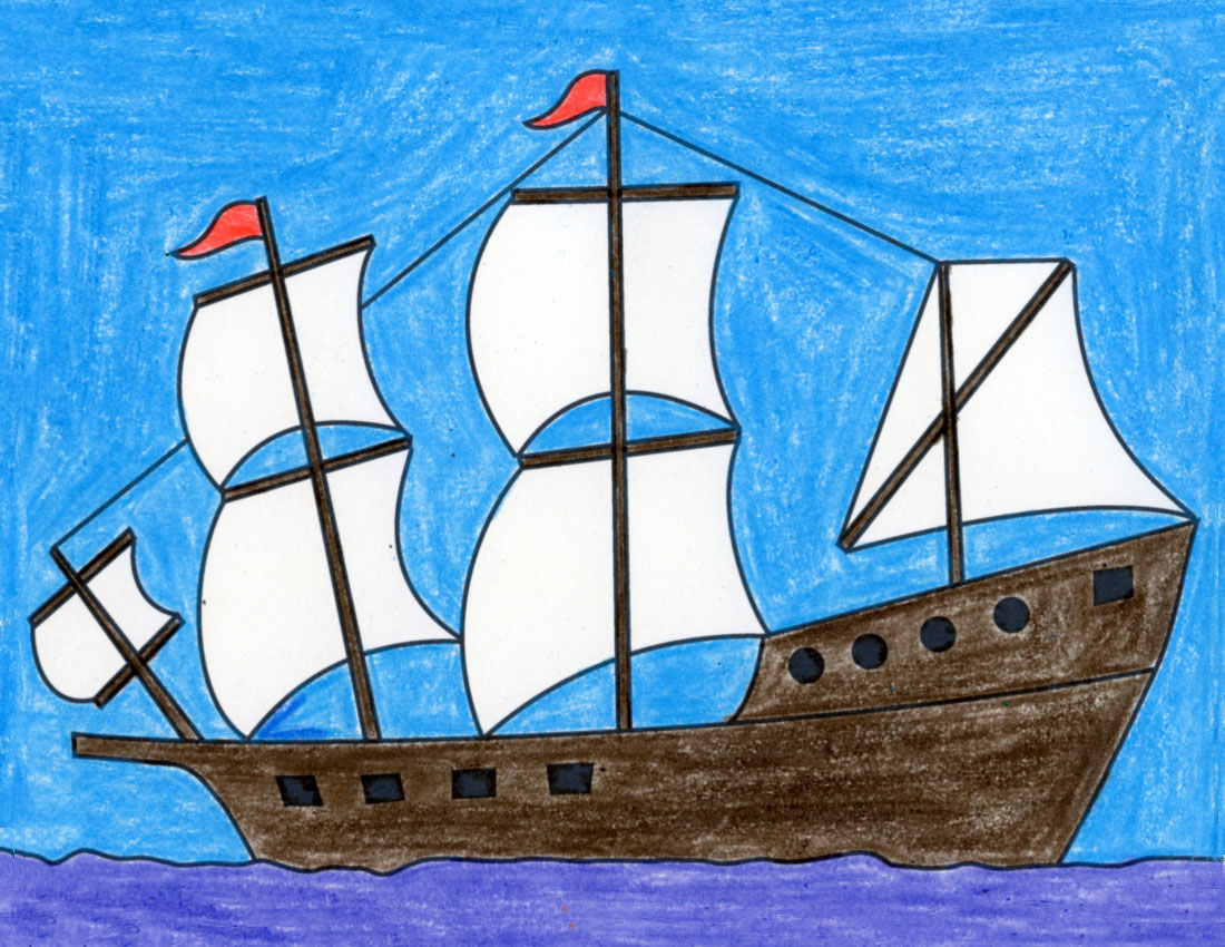 Easy How to Draw a Ship Tutorial Video and Ship Coloring Page