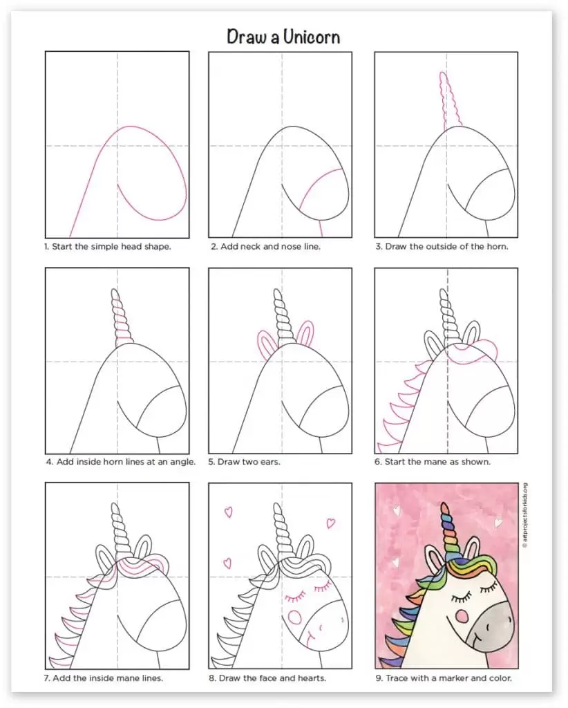 Easy Unicorn Drawing guide for kids with free printable