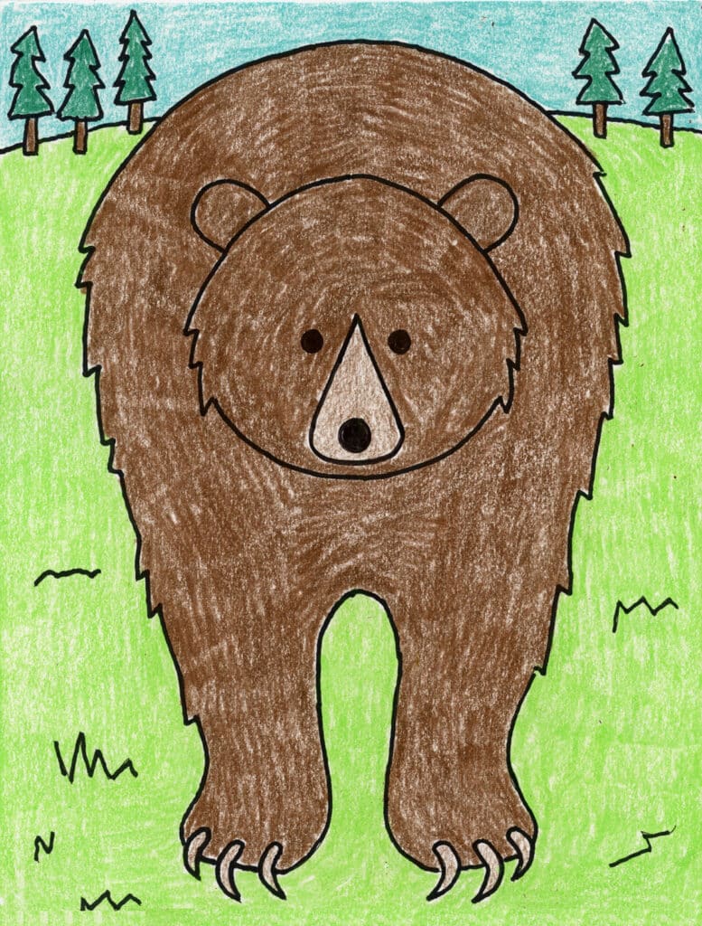 Finished draw a grizzly bear lesson showing a large bear with fuzzy fur and simple background.
