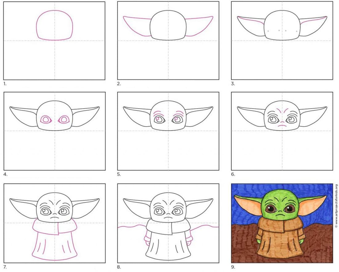 Easy How to Draw Baby Yoda Tutorial Video and Baby Yoda Coloring Page