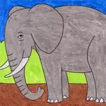 A drawing of an elephant, made with the help of an easy step by step tutorial. A fun animal drawing for kids project.