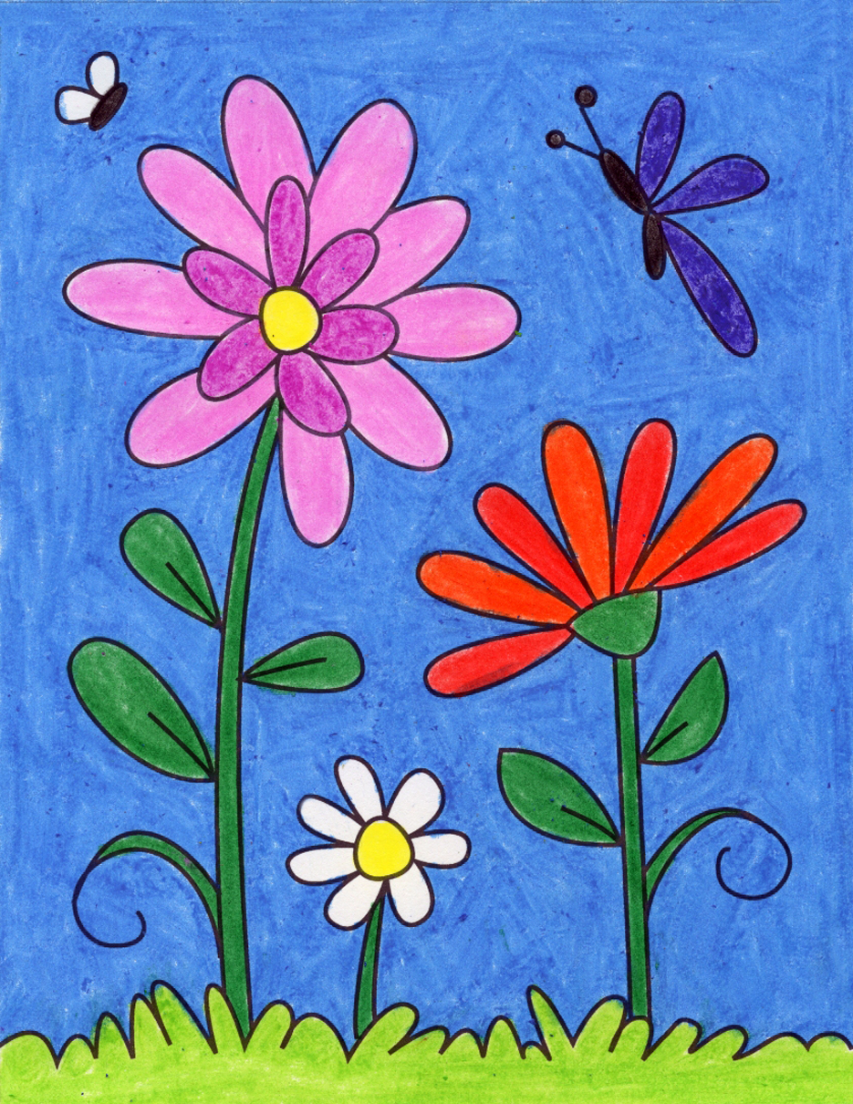 Easy How to Draw Flowers Tutorial and Flowers Coloring Page · Art ...