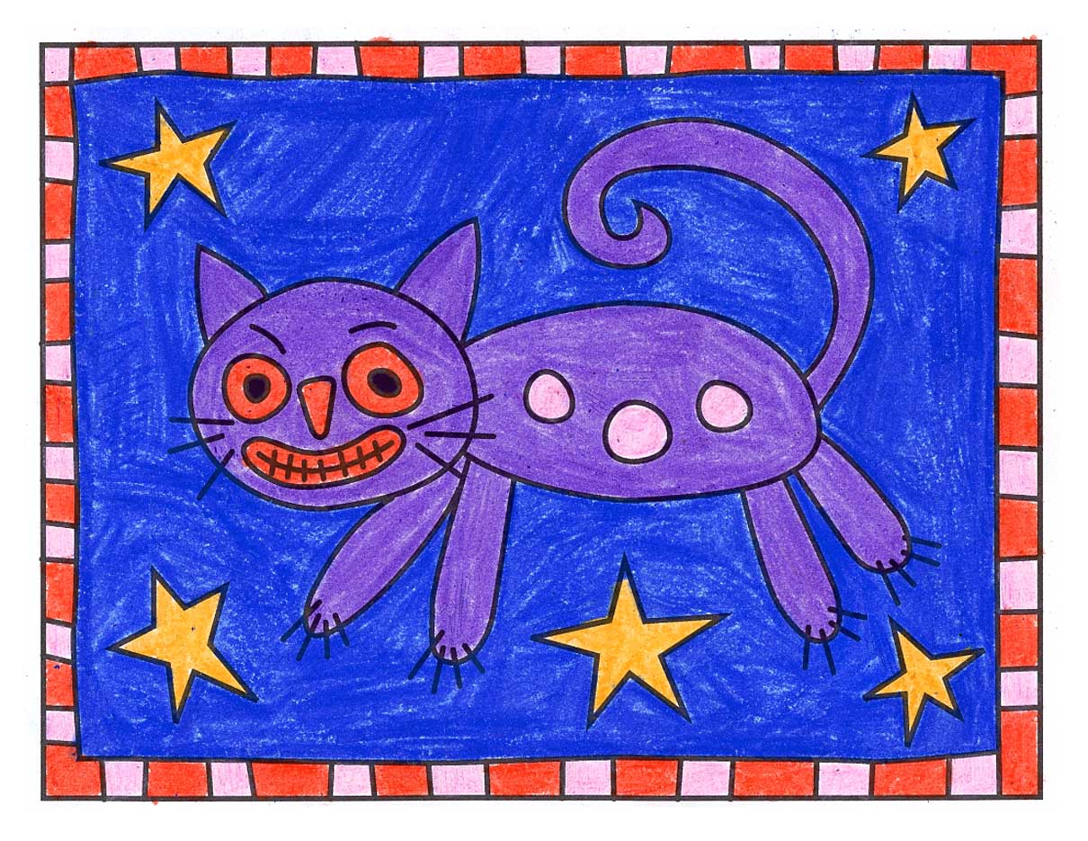 Easy How to Draw a Folk Art Cat Tutorial & Folk Art Coloring Page