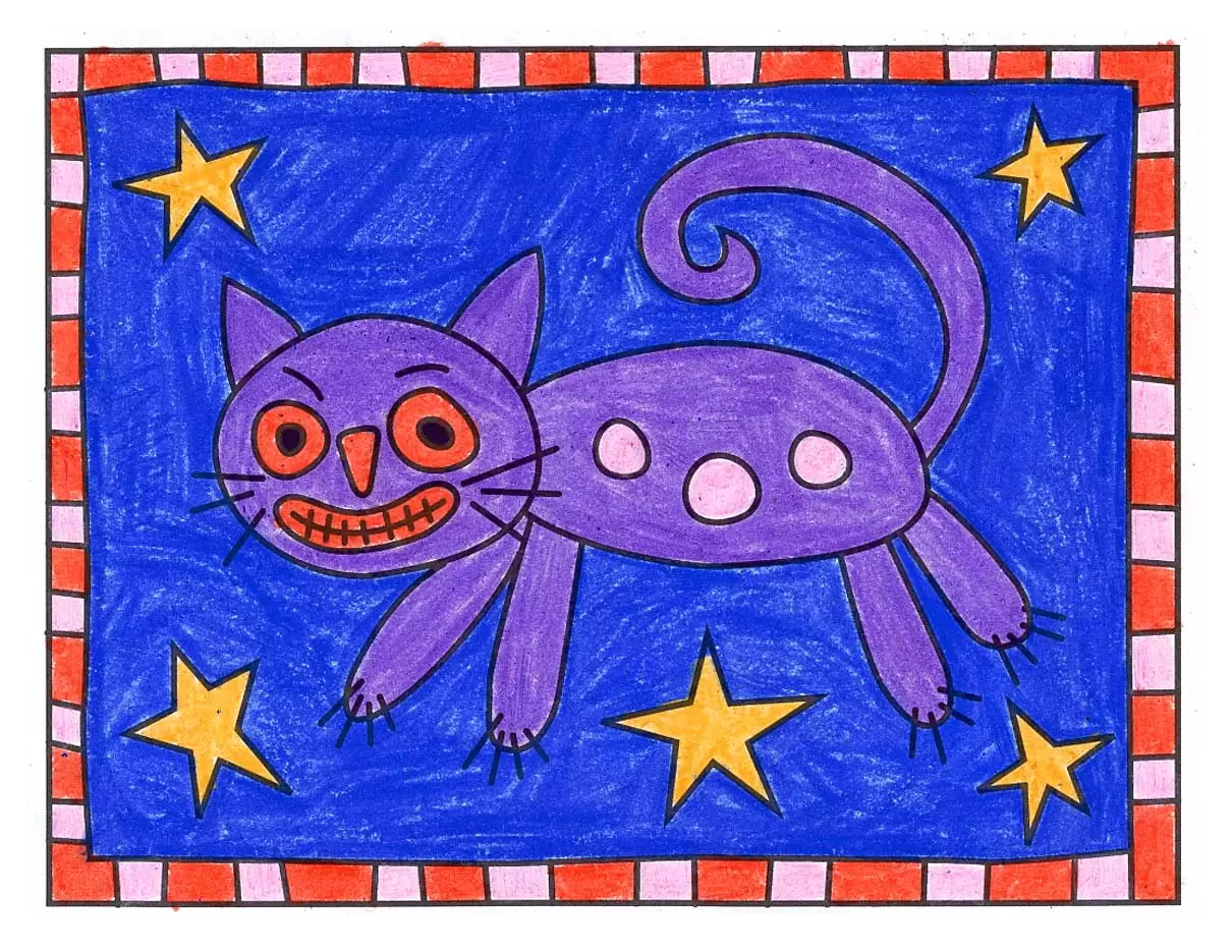 Easy How to Draw a Folk Art Cat Tutorial and Folk Art Coloring Page