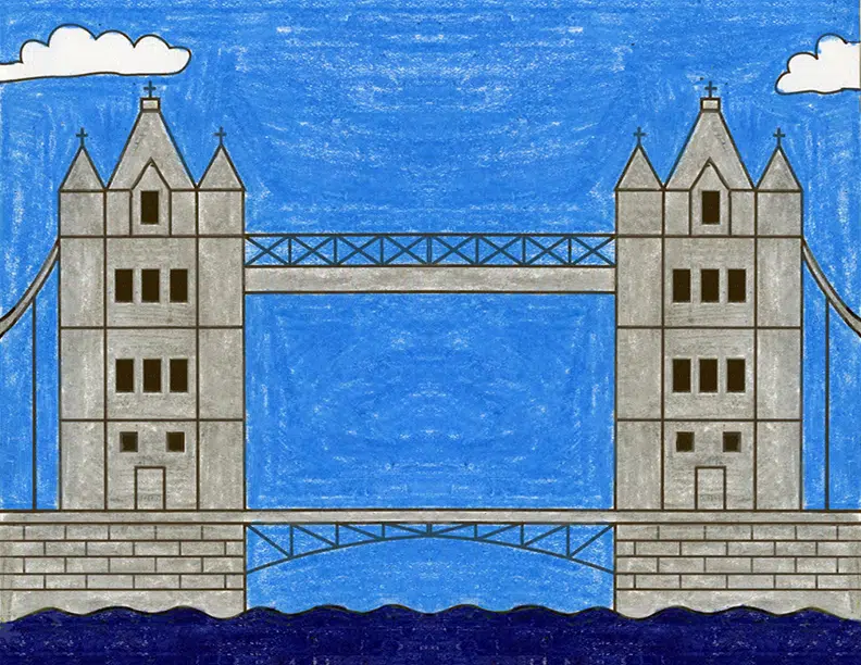 Easy How to Draw London Tower Bridge Tutorial and Tower Coloring Page