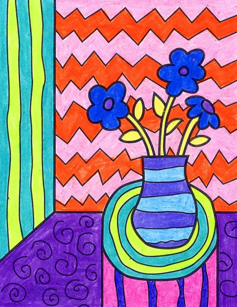 A drawing of a Matisse Still Life, made with the help of an easy step by step tutorial.