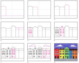 Easy How to Draw Row Houses Tutorial and Coloring Page