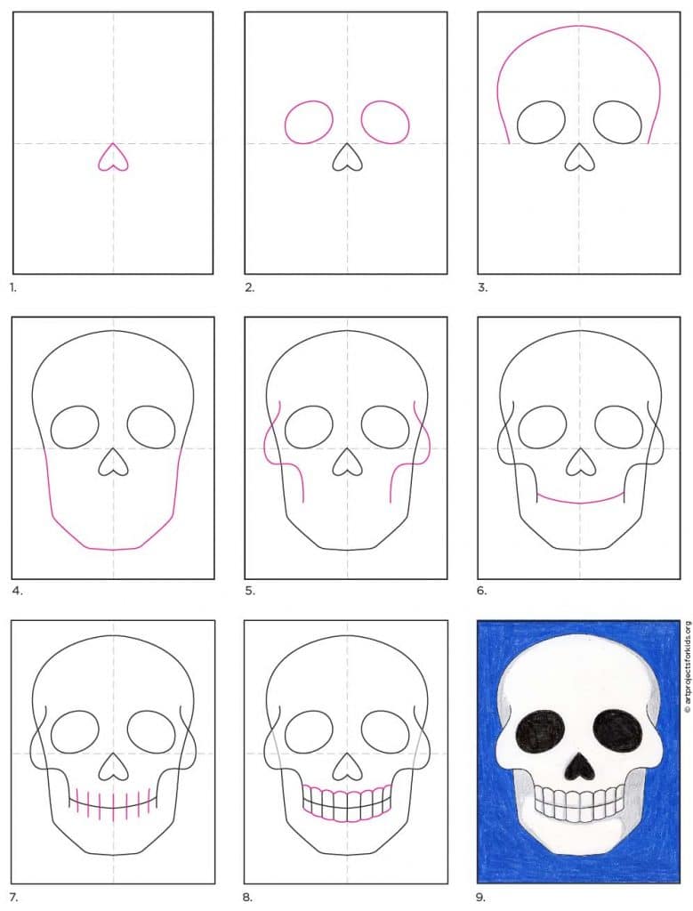 A step by step tutorial for how to draw an easy skull, which is available as a free download.
