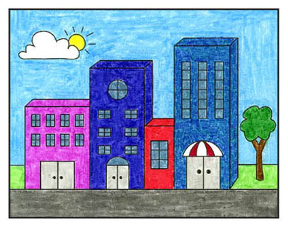 Easy How to Draw Buildings Tutorial Video and Coloring Page