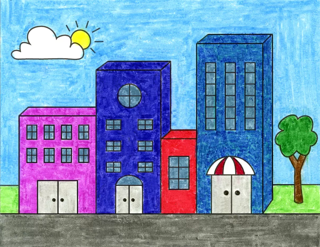 Easy How to Draw Buildings Tutorial Video and Buildings Coloring Page