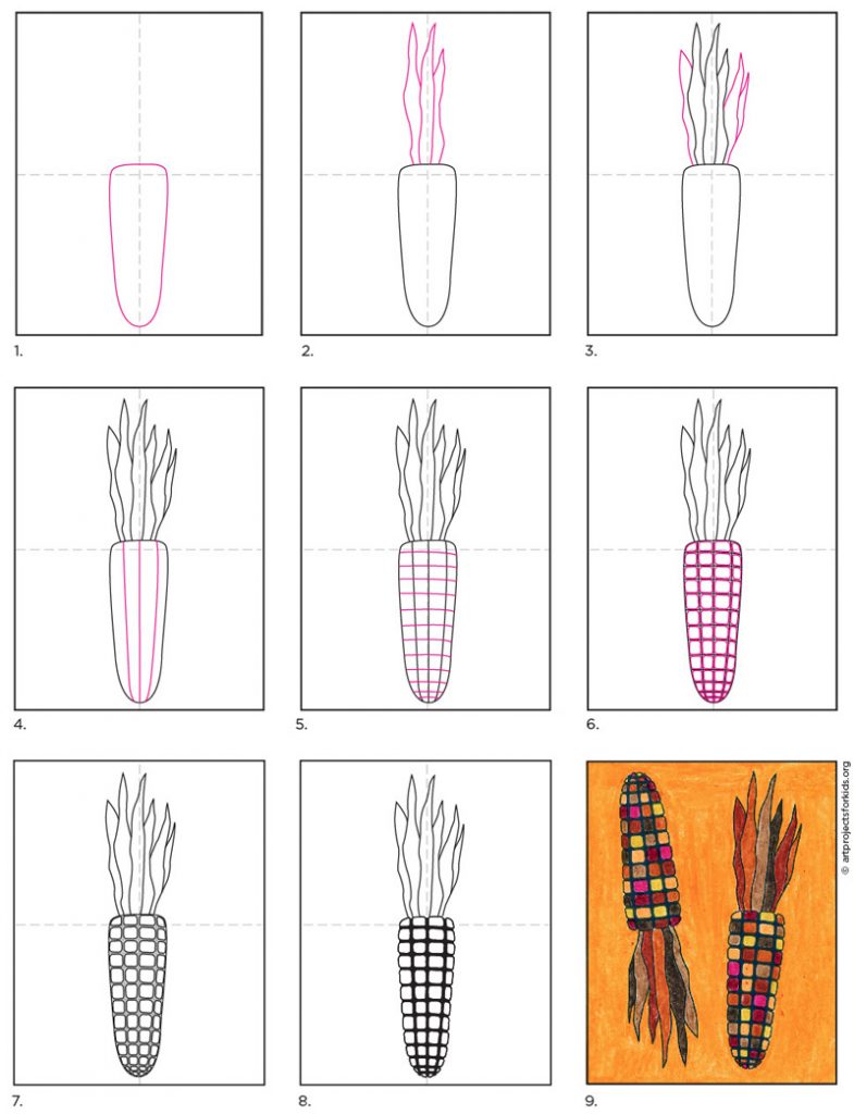 Tutorial passo a passo de como desenhar uma espiga de milho facilmente, também disponível para download gratuito.