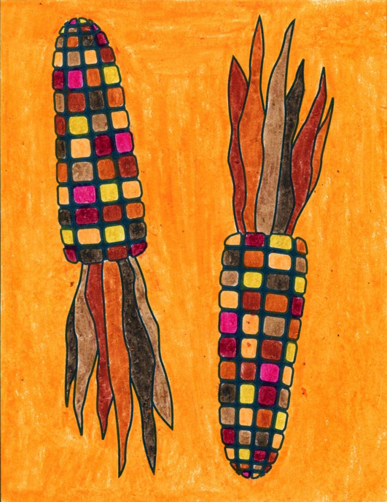 Learn how to draw colorful corn with step by step directions.