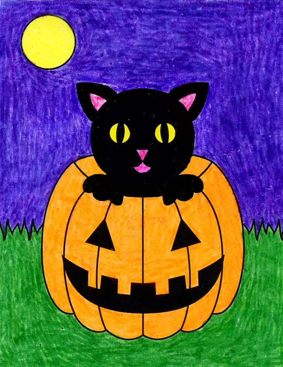 How to Draw a Halloween Cat Tutorial and Halloween Cat Coloring Page