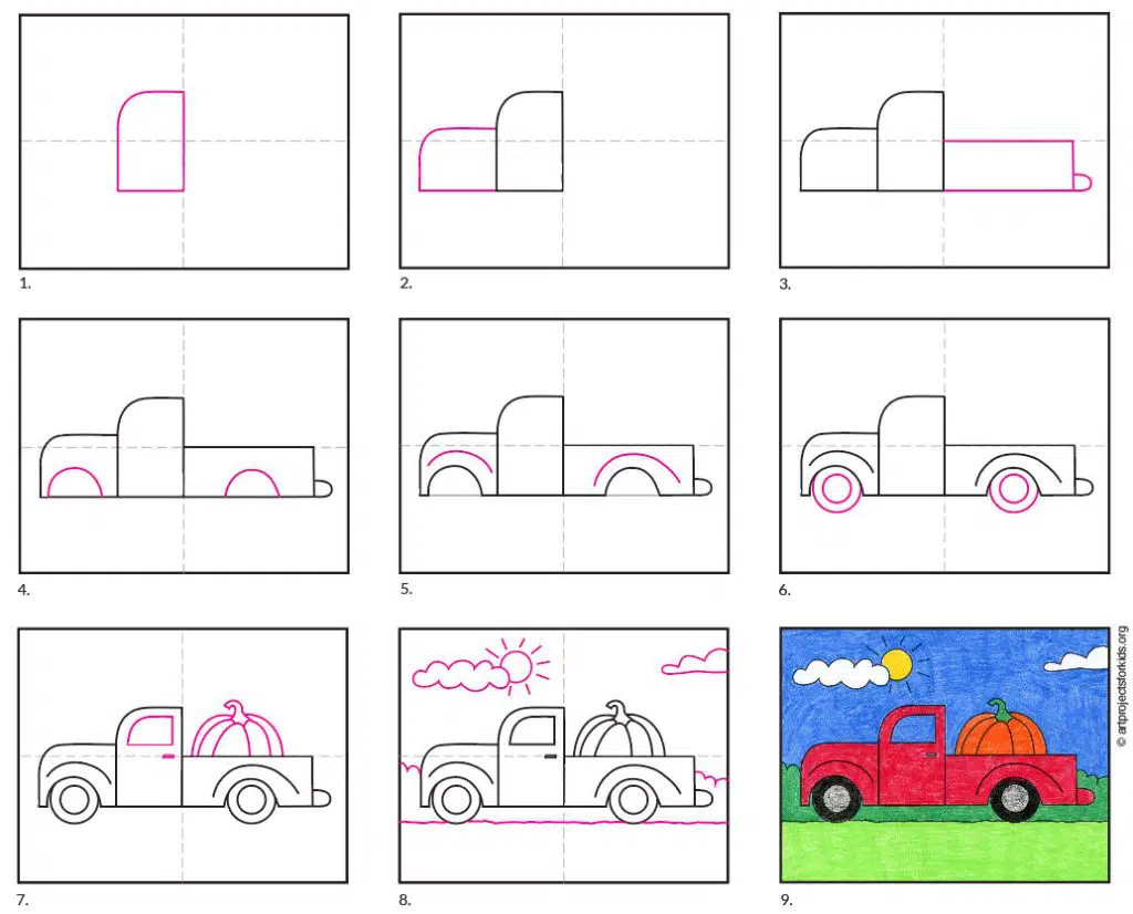 A step by step tutorial for and easy pickup truck drawing.