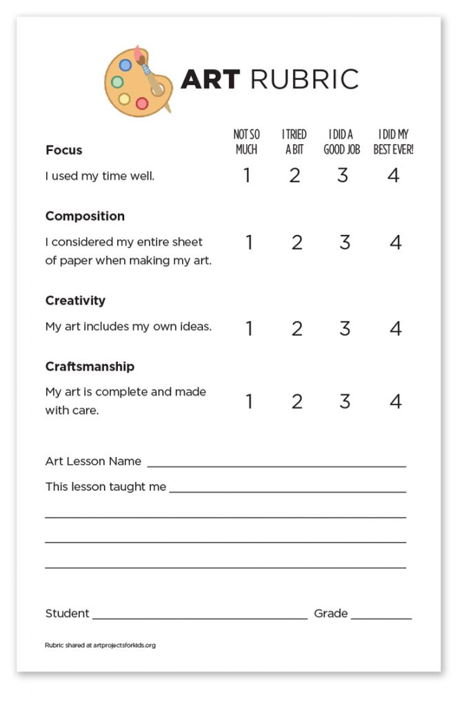 An elementary  art rubric, available as a free PDF