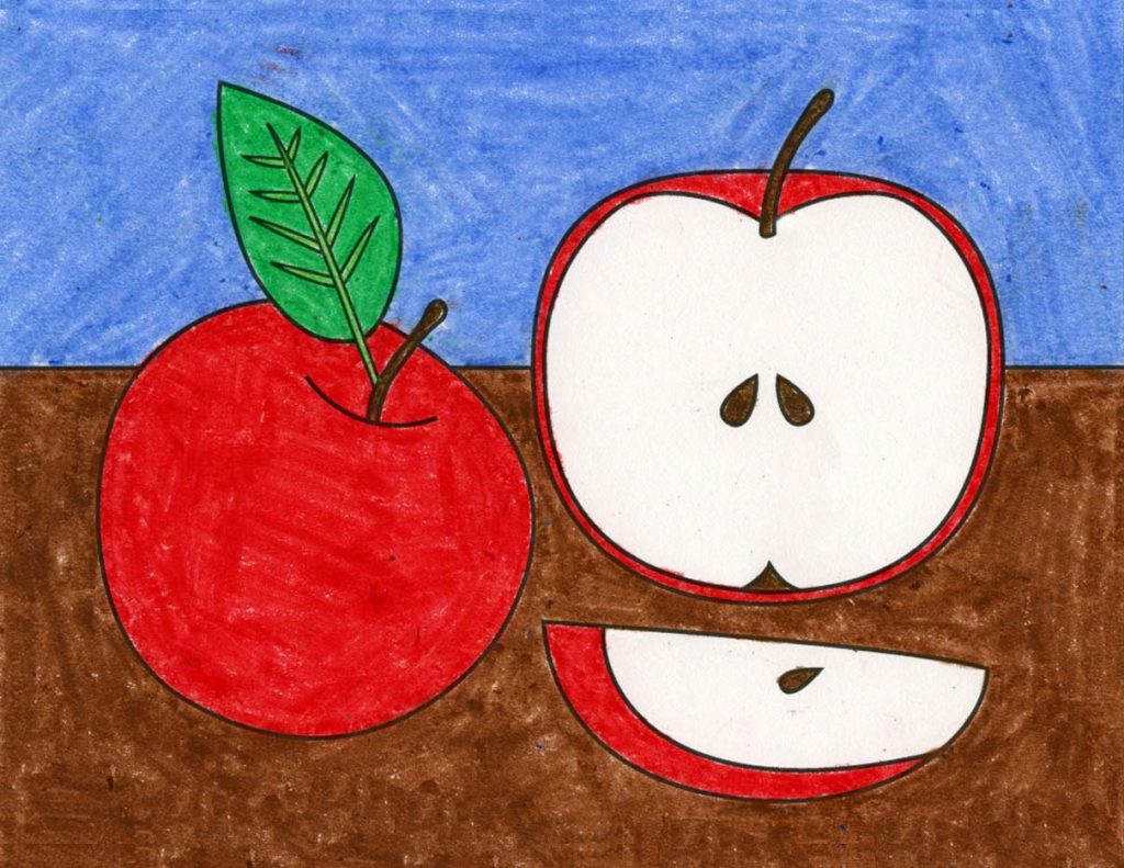 A drawing of an apple, made with the help of an easy step by step tutorial. 