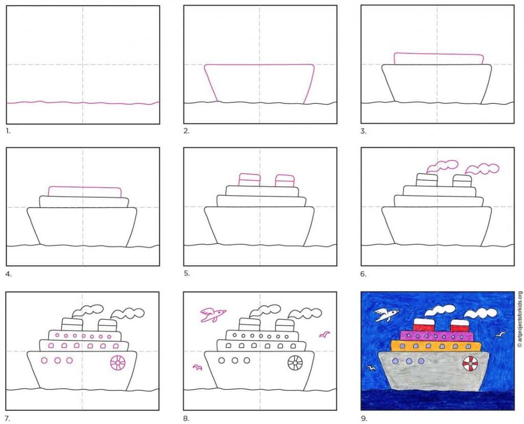 Easy How to Draw a Cruise Ship Tutorial · Art Projects for Kids