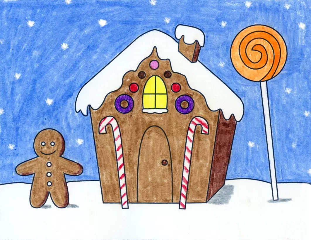 Easy How to Draw a Gingerbread House Tutorial and Gingerbread House Coloring Page