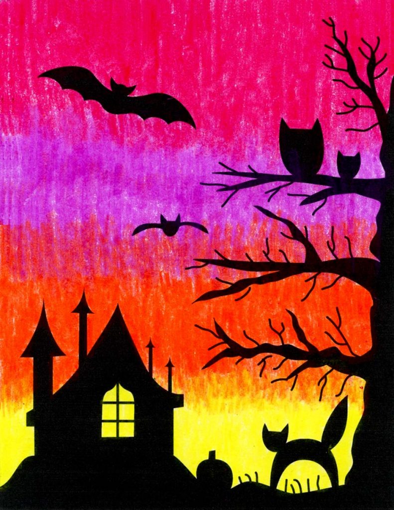 An easy Halloween drawing of a sunset, made with the help of an easy step by step tutorial.