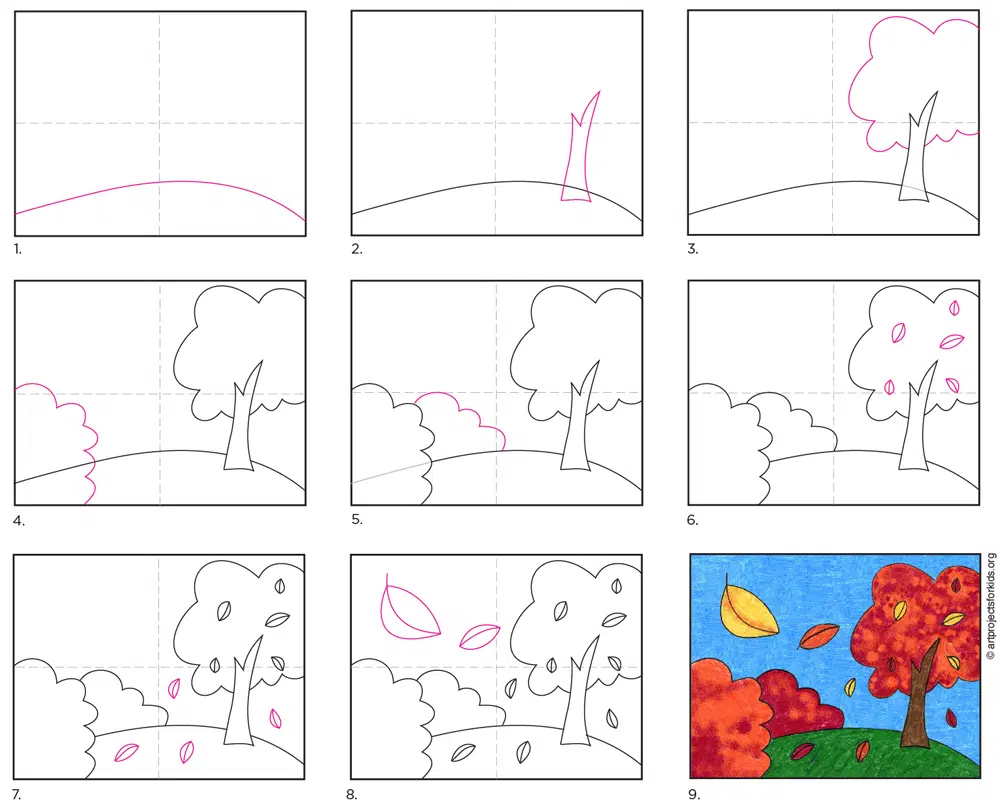 A step by step tutorial for how to draw an easy fall tree, which is available as a free download.