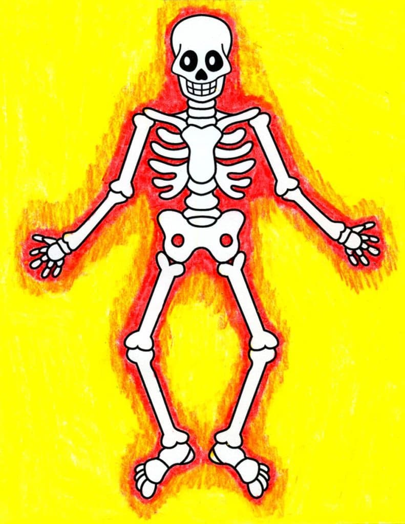 A drawing of a skeleton, made with the help of an easy step by step tutorial.