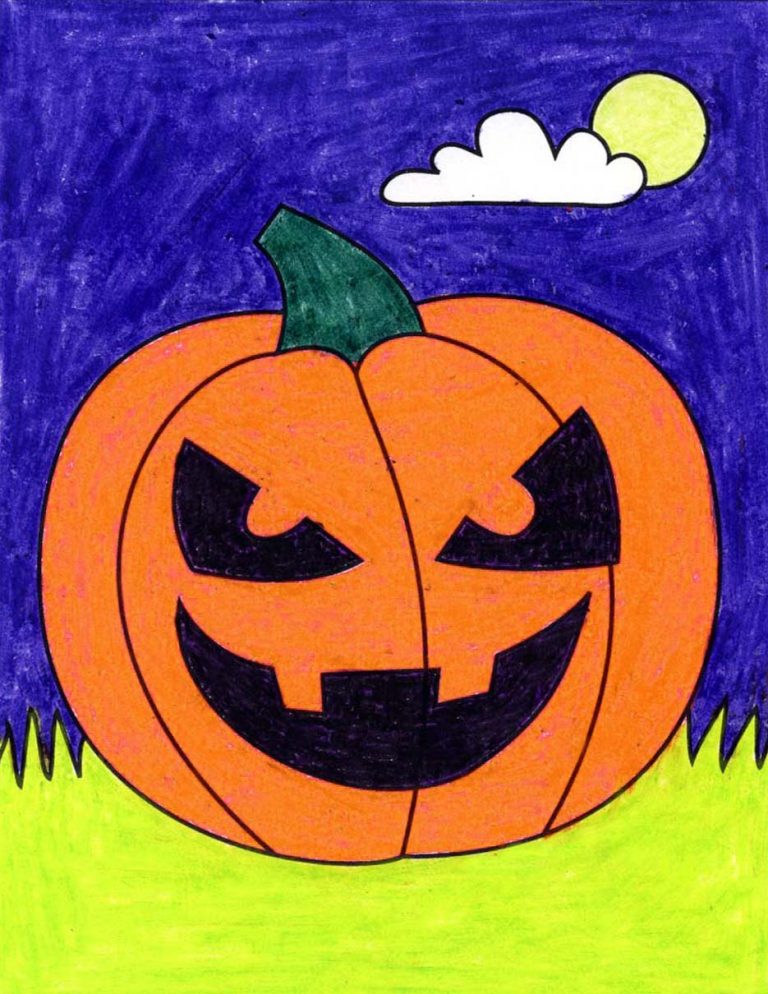 Easy How to Draw a Jack-o-Lantern Tutorial and Jack-o-Lantern Coloring Page