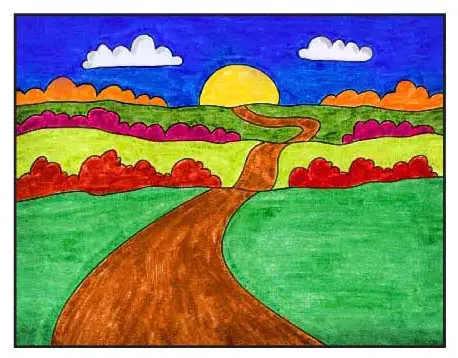 Easy Hill Sunset Scenery Drawing